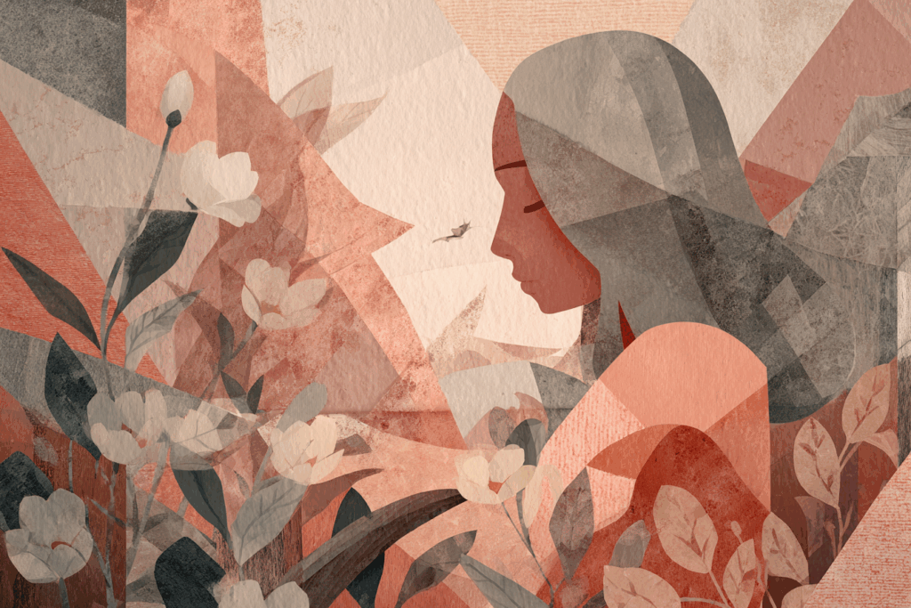 A warm self-care scene with a lit candle, an open journal, and a cup of tea, surrounded by soft layered collage textures, delicate florals, and warm pink and blush tones. The atmosphere feels calming, nurturing, and reflective.