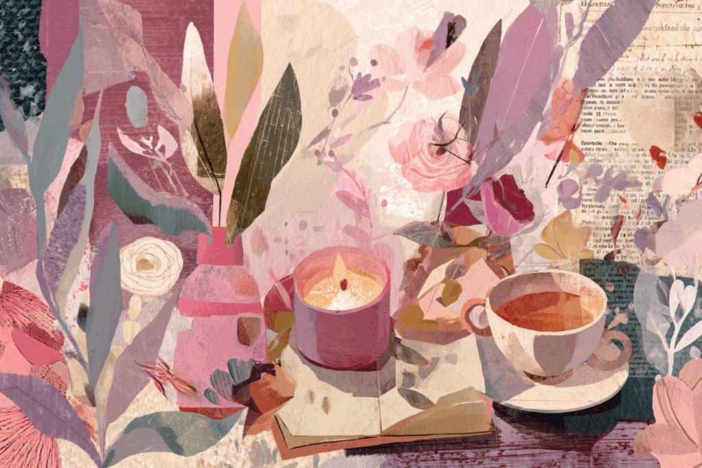 A soft mixed-media collage showing a calming self-care scene with flowers, a glowing candle, a cup of tea, and an open journal. Layered pinks, mauves, and earthy textures create a peaceful, reflective atmosphere that suggests rest, grounding, and gentle emotional support.