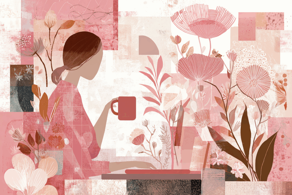 A woman sits at her laptop holding a mug, surrounded by soft floral illustrations and layered collage textures in gentle pink, blush, and warm earthy tones. The scene feels calm, creative, and nurturing, blending botanical elements with abstract shapes.