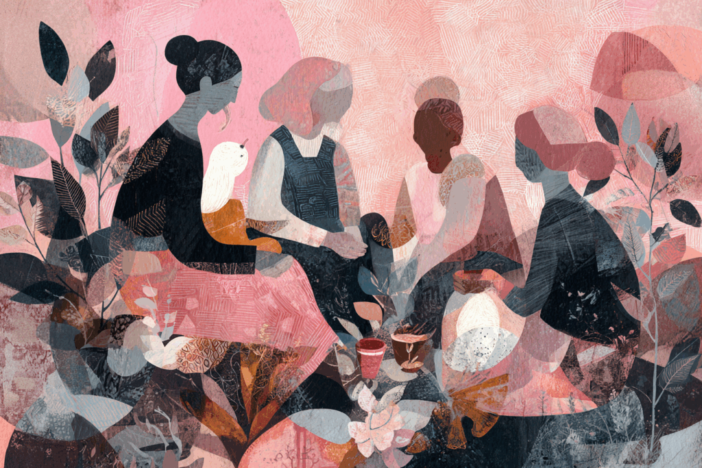 A small group of women sit together in a circle, talking and supporting each other, surrounded by layered collage textures, soft botanical shapes, and warm pink and earthy tones. The scene feels nurturing, communal, and safe.