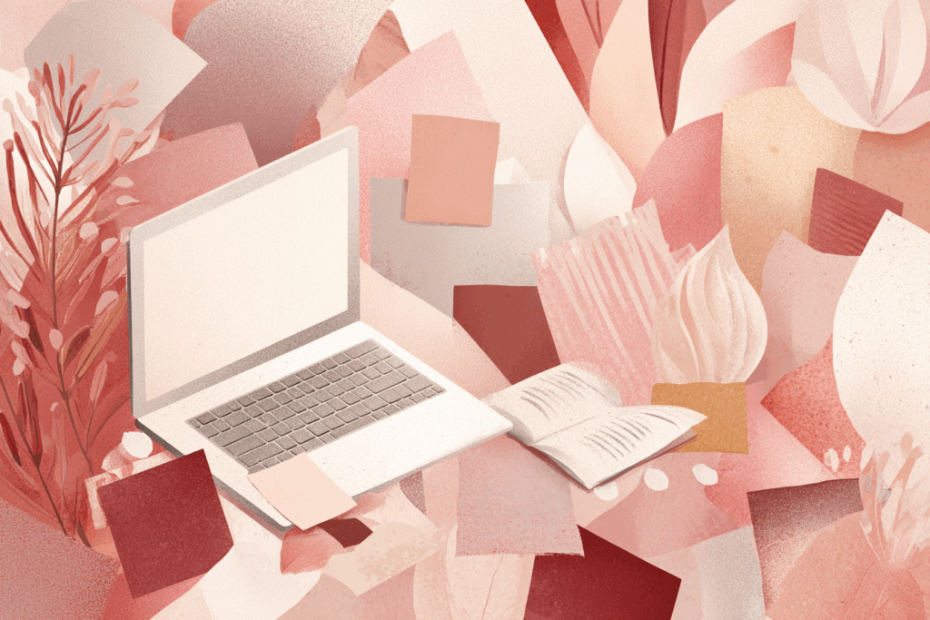 A laptop and open notebook sit among layered collage textures in warm pink, blush, and neutral tones, surrounded by gentle botanical shapes and abstract paper fragments. The scene feels calm, creative, and organised, symbolising digital tools and healing resources.