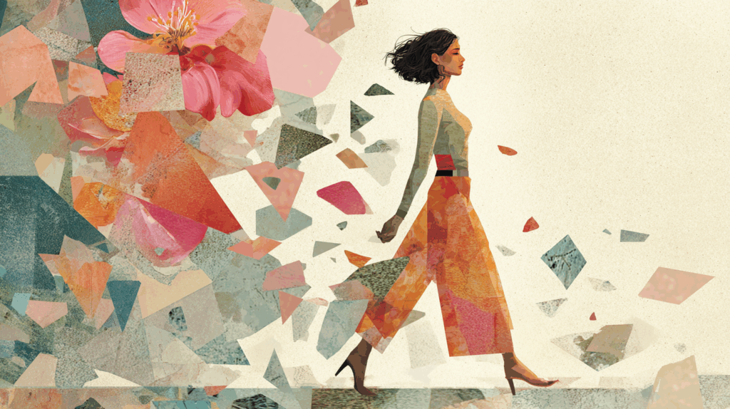 A woman walks forward with calm confidence as colourful collage fragments fall away behind her, symbolising letting go of the past. Floral textures and soft geometric shapes scatter gently, creating an uplifting, hopeful atmosphere.
