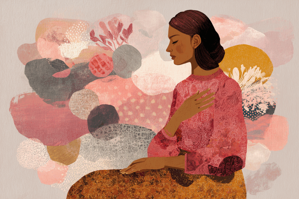 A woman sits with her hand resting over her chest, eyes closed in quiet reflection, surrounded by soft layered collage textures in warm pink, gold, and neutral tones. Abstract floral shapes and gentle brush-like patterns create a calming, introspective atmosphere.