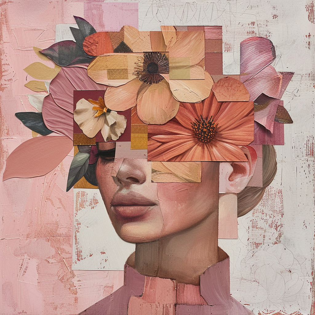 Collage-style illustration of a faceless woman with floral and geometric elements covering her eyes, in muted pink tones.
