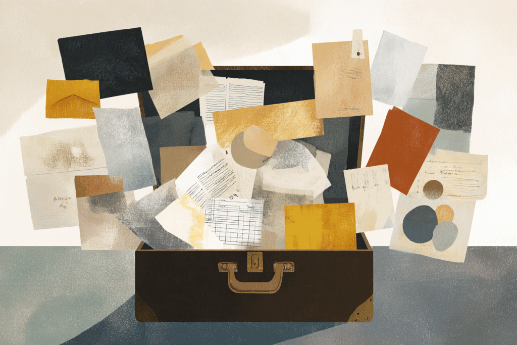 Flat cubist collage illustration of an open suitcase overflowing with paperwork and documents, representing legal battles, emotional overwhelm, and rebuilding life after divorce.