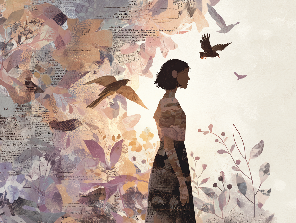 A symbolic mixed-media illustration of a woman in profile stepping into light, with layered paper textures, soft florals, and birds in flight behind her, representing clarity, boundary-setting, and healing from toxic relationship abuse.