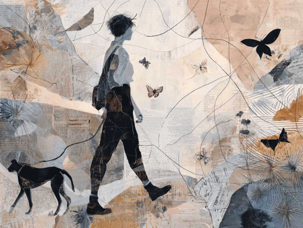 An abstract mixed-media collage showing a woman walking forward with a dog, surrounded by layered paper textures, butterflies, and fine lines, symbolising emotional movement, boundary-setting, and reclaiming independence after a toxic relationship.