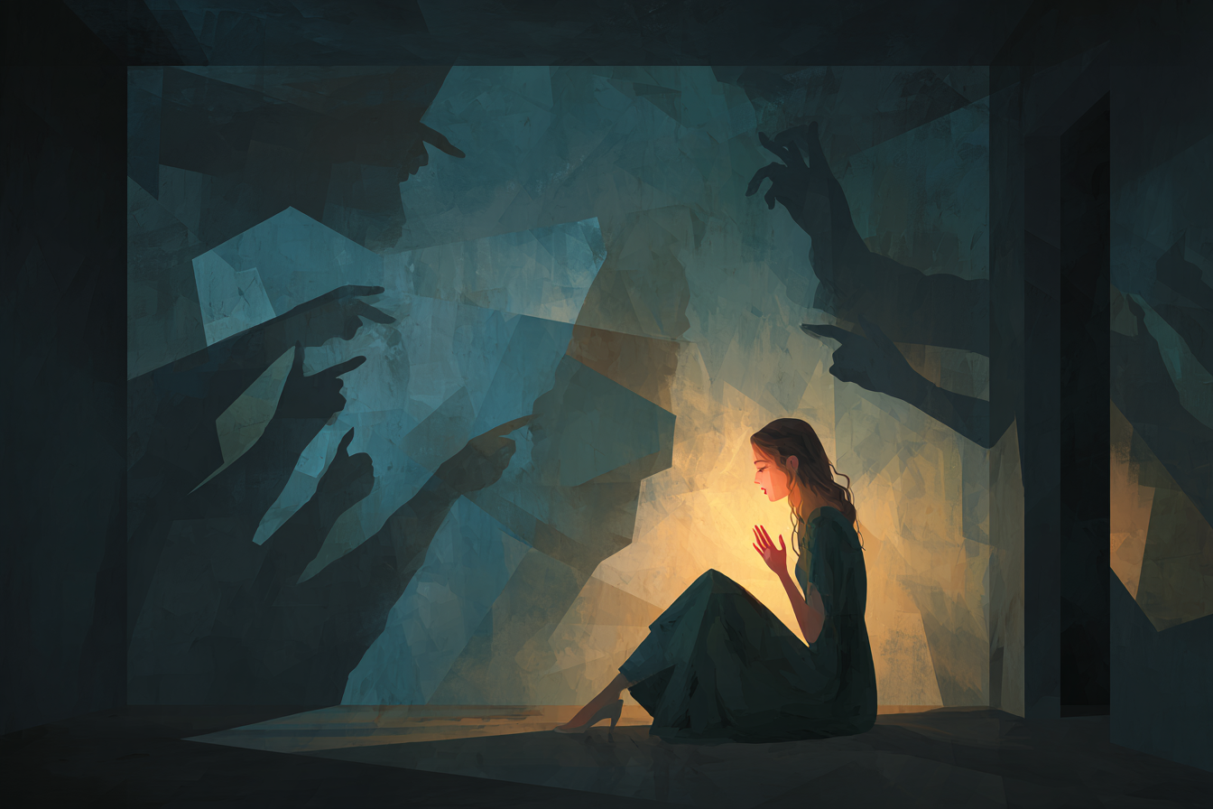 Digital illustration of a woman sitting alone in a dark space while shadowy figures point at her, symbolising denial, gaslighting, and emotional abuse in relationships.